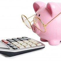 Piggy bank with glasses looking at a calculator 
