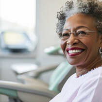 a dental patient smiling after receiving implant dentures