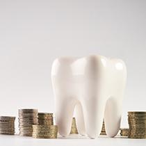 model of a tooth next to piles of coins