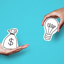 Hands exchanging a money bag graphic and lightbulb graphic