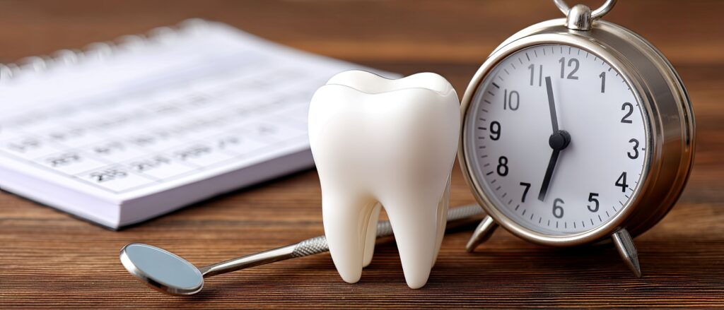 Model tooth next to clock, mirror, and calendar
